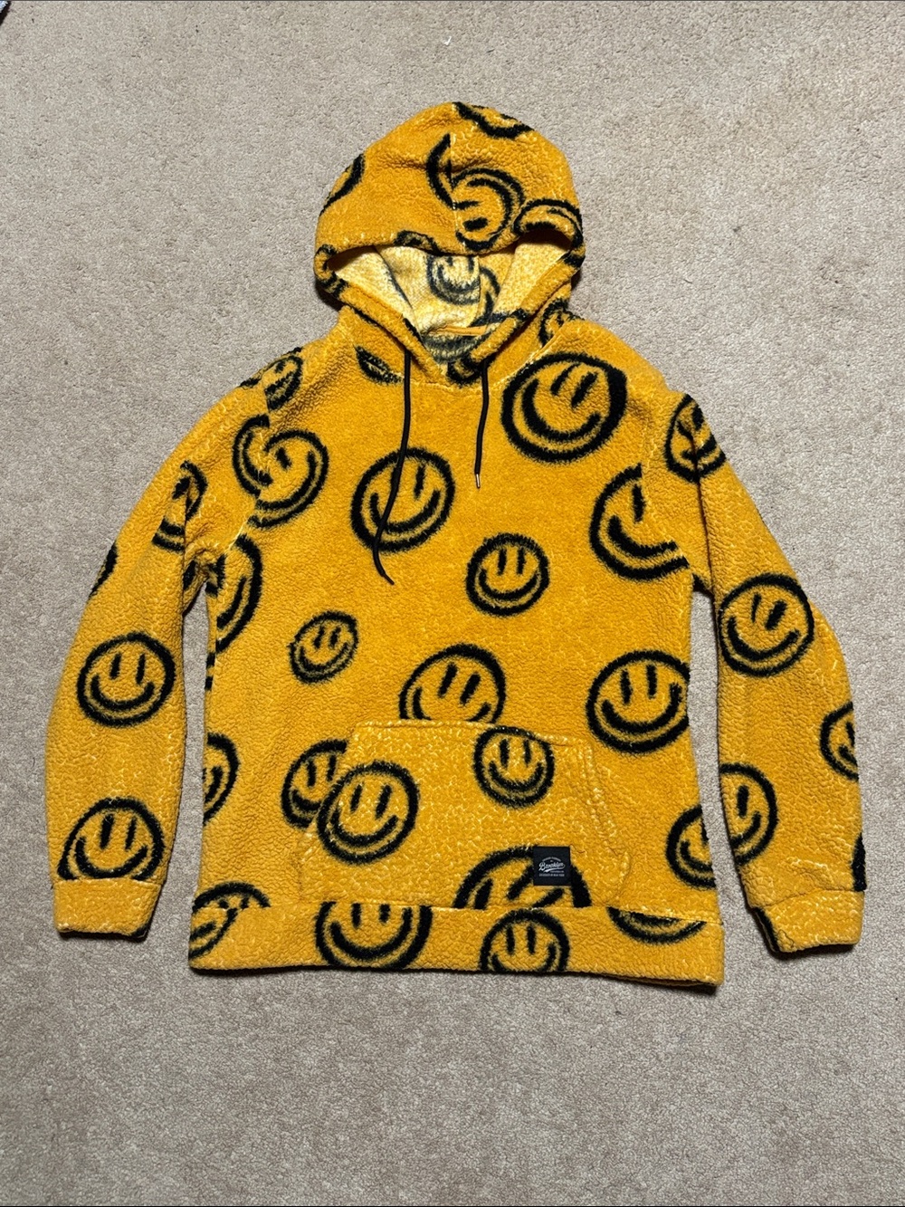 Mustard Yellow Smiley Fleece Hoodie - Cozy Men's Pullover